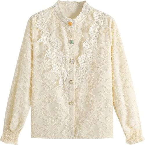 Winter New Lace Shirt Women Half High Neck Single Breasted Fashion Wild Tassel Blouse Temperament Elegant OL Office Lady Tops