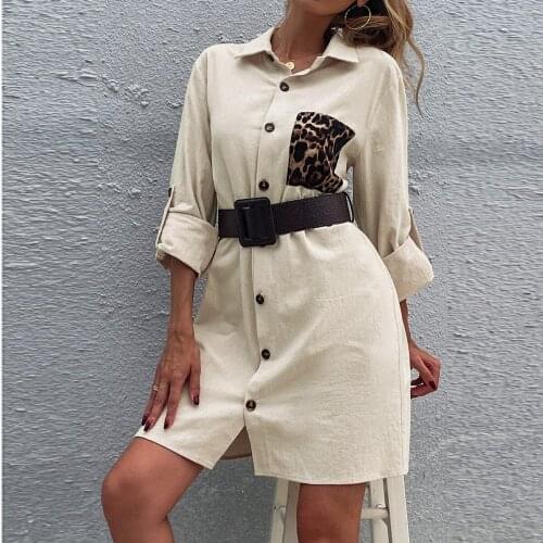 Office Lady Leopard Patchwork Loose Shirt Dress Turn Down Collar Long Sleeve Autumn Fashion Knee Dress 2021 New Casual Comfort