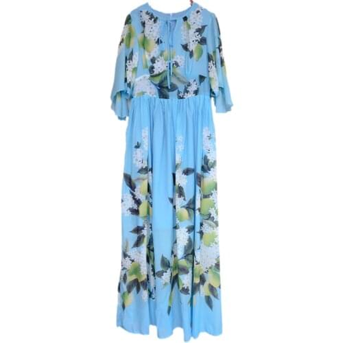 2021 spring summer blue beach ankle long dress silk high-quality long-sleeved flower elegant long dress seaside holiday party dr