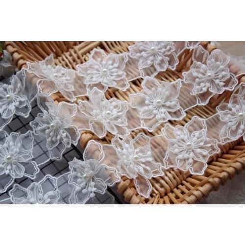 3Yard/Lot Exquisite 3D embroidery lace flowers organza beaded lace trim veil wedding dress DIY clothing accessories