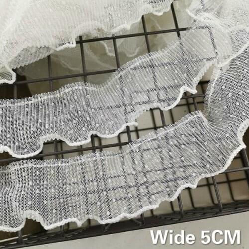 5CM Wide White Dot Embroidery Elastic Pleated Lace Folded Applique Sewing Lace Ruffle Trim Collar Dress Garment DIY Sewing Decor