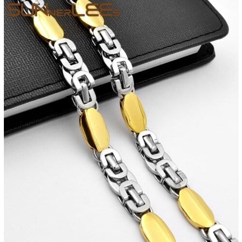 SUNNERLEES Jewelry Stainless Steel Necklace 10mm Geometric Byzantine Link Chain Silver Color Gold Plated Men Women Gift SC122