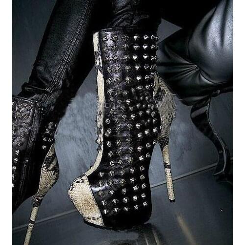 Black White Mixed Color Winter Round Toe Rivets Decorated Platform Zipper Side Sexy Stiletto Heel High Heel Ankle Short Boots