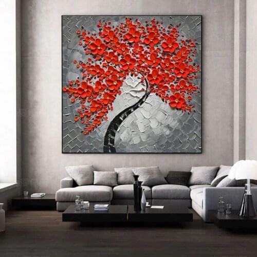 Hot sale Handmade flower Oil Painting Wall Art Modern Red Flowers Tree Picture Canvas picture Home Decorative For Living Room