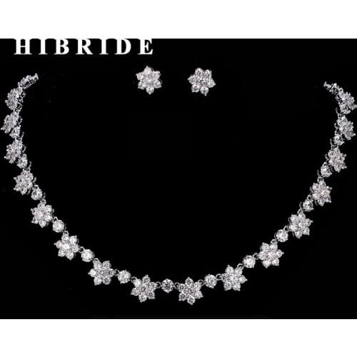 HIBRIDE Beautiful Flower Shape Rhinestone CZ Stone Wedding Jewelry Sets Elegant Women Necklace and Stud Earrings N-194