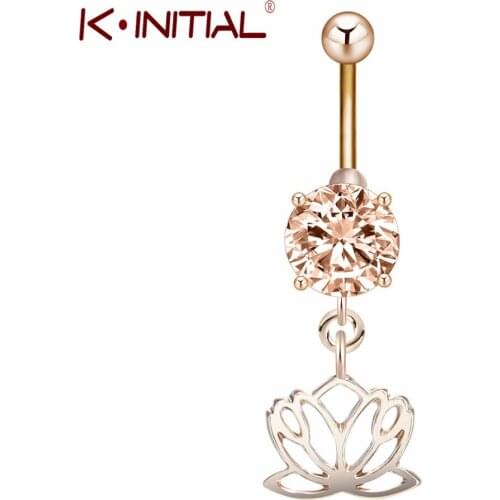 Kinitial Lotus Shaped Pendants Navel Ring Women Wedding Zircon Ring Engagement Belly Button Piercing Body Ring
