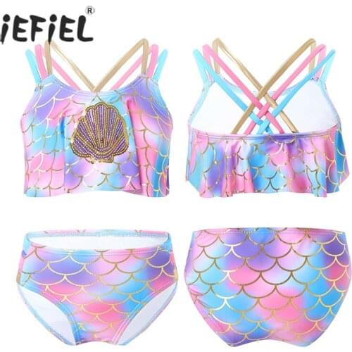 Toddler Baby Girls Kids Sequin Mermaid Bikini Set Summer Beach Swimwear Fish Scales Print Swimsuit Colorful Bathing Suit Bikini