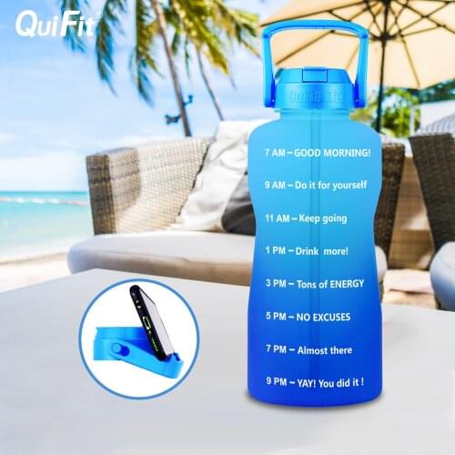 Quifit Motivational 2L 64oz Water Bottle BPA Free with Straw Phone Holder Handle Reminder to Drink More Daily Leak Proof Jug