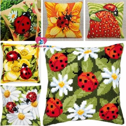 Cross Stitch Cushion Kits Diy Chunky Pillowcase 3D Sets for Embroidery Coussin LADYBUGS ON FLOWERS Acrylic Yarn Needlework kits