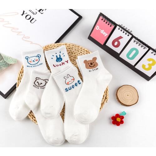 5 Pairs Women Socks Female Casual Harajuku Cartoon Cute Kawaii Animal Print Summer Girl Fashion Breathable White Long Socks