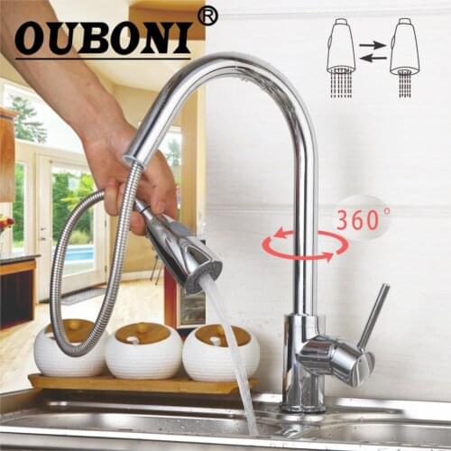 OUBONI 360 Swivel Stream Pull Out Rotated Kitchen Sink Faucet Polish Chrome Brass Deck Mount Hot & Cold Water Mixer Tap