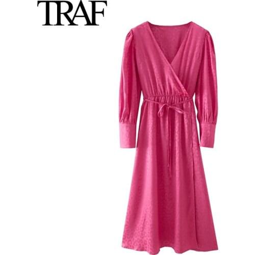 Traf Za Women Clothing Fashion 2021 Summer French Elegant Satin Long Dress Bandage Leopard Dress Midi Dress Robe Vestidos Mujer