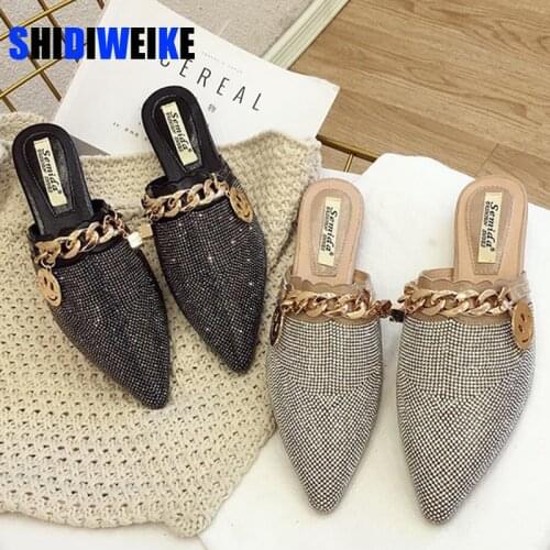 Pointed Toe Half Slippers Female Summer Wear 2021 New Fashion Rhinestone Lazy Flats Sandals Casual Mules Metal Chain Slides