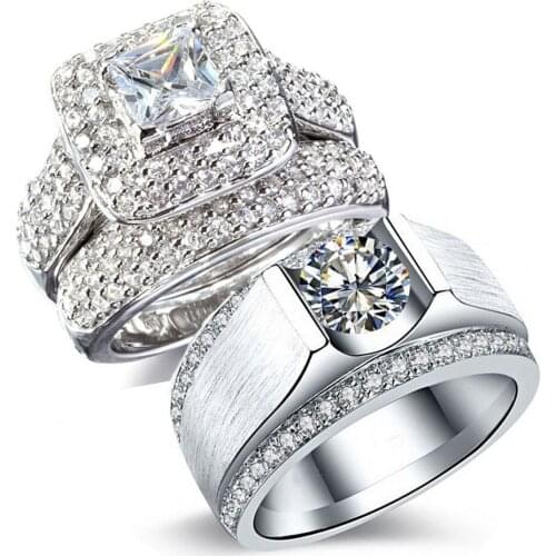 His& Her Couple Rings Luxury Jewelry 14KT White Gold Filled Pave Setting 5A CZ Zirconia Princess Women Wedding Bridal Ring Set