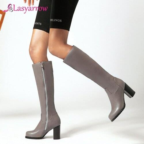 Lasyarrow Winter Warm Fur Knee High Boots Womens Snow Boots High Heel Side Zipper Female Shoes Black Brown Gray Large Size 34-43