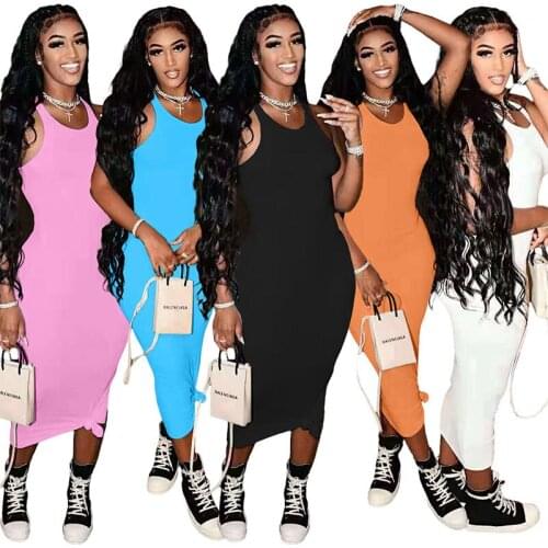 Summer Fashion Solid Midi Maxi Dress Classic Sleeveless Tee Style Tank Pencil Long Slim Dresses Casual Streetwear S-XXL