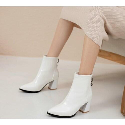 Autumn Winter New Nude Boots Ladies Fashion Pointed Patent Leather Short Boots Lady Square High Heel Metal Zipper Women Shoes