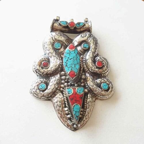 TBP699 Tibetan Dragon Amulet Copper Inlaid Big Pendants Double Dragons