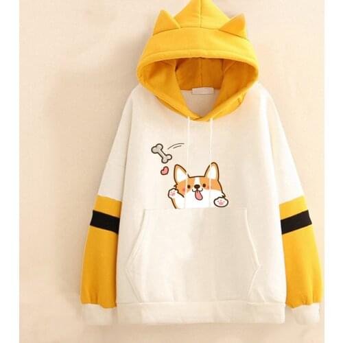 Kawaii Hoodies Shiba Inu Sweatshirt Women Japanese Akita Cute Dog Ear Cap Embroidery Hoodies Tops Harajuku Pullovers Clothes