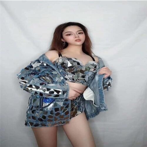 V85 Pole dance stage dress rhinestones silver mirror costumes blue denim jacket perform show diamonds bikini set outfit bar wear