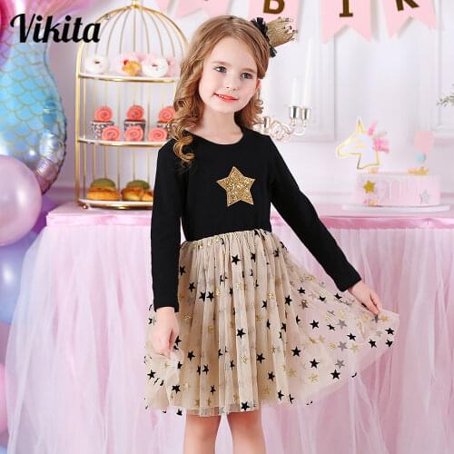 VIKITA Girls Dress for Birthday Party Wedding Kids Autumn Dresses for Girls Children Mesh Princess Tutu Dress Casual Clothes