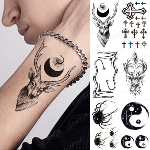 Waterproof Temporary Tattoo Lasting Sticker Deer Cross Skeleton Spider Gossip Children Flash Body Art Cute Fake Tatto Female