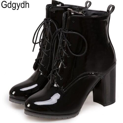 Gdgydh Big Size 48 Patent Leather Boots For Women Lace up High Heels Shoes Spring Autumn Black Footwear Female Ankle Boots Zip