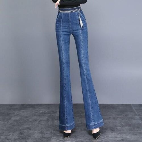 Y2K Elastic waist Striped Flared Jeans 2021 Women Streetwear Denim Bell Bottom Pants Basic Office Skinny Denim Trousers Female