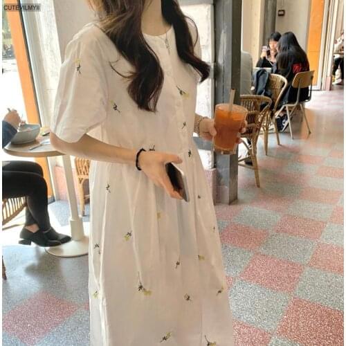 Woman Dress White Embroidery Floral Mid-Calf Cotton Clothing 2021 Summer Short Sleeve Loose Lined Cute Sweet Sundress