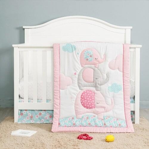 3PCS Pink Infant Newbron Crib Bedding Set Boy Girl Nursery baby bed set for Girls Cute Cotton , Fiteed Sheet +Dust Ruffle+Duvet