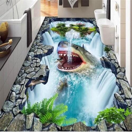 Beibehang panel custom 3d flooring self adhesive wallpaper Shark Falls 3d floor tiles kitchen waterproof-wallpaper-for-bathroom