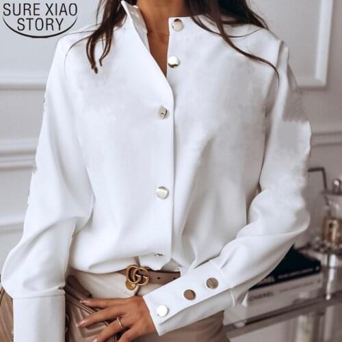 2021 Autumn Fashion Long Sleeve Blouses Women Stand Collar Solid White Shirts Elegant Casual Women Clothing Blusas Mujer 10619