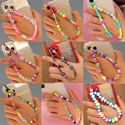 Colorful Soft Clay Fruit Phone Chain Lanyard Boho Women LOVE Letter Mobile Strap Phone Case Charm Hanging Cord Jewelry Girl Gift