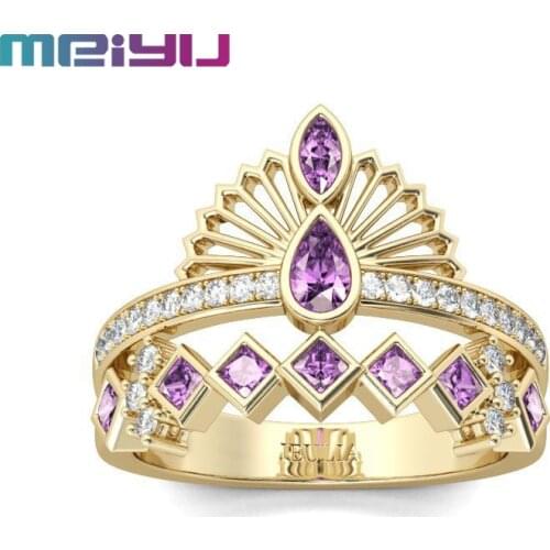 CZ Crystal Fashion Electroplate 18K Gold Crown Rings for Women Charm Purple Zircon Engagement Wedding Ring Nice Jewelry Gift