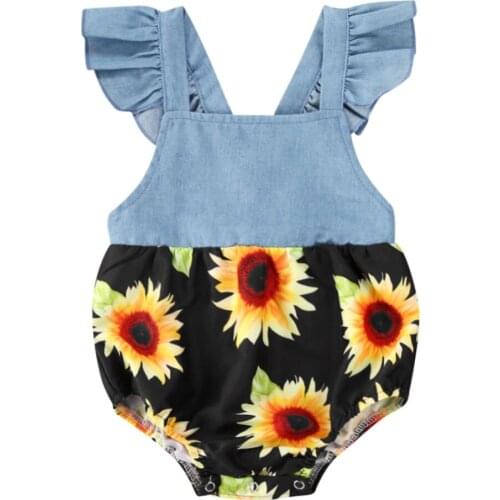 0-24M Summer Cute Infant Baby Girls Bodysuits Sunflowers Print Patchwork Blue Jumpsuits Outfits