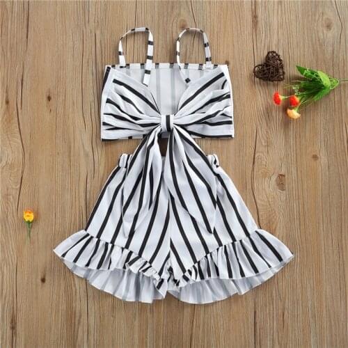 Girls Casual Two-piece Clothes Set Fashion White Stripe Printed Pattern Sleeveless Tops and Shorts Summer Outfits for 1-6 Years