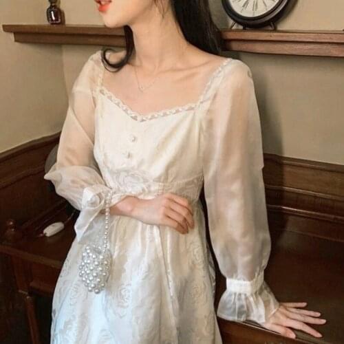Long Sleeve Elegant Y2k Dress Women Party Korean Fashion Vintage Midi Dress Female 2021 Autumn Pure Color Dress Floral Design