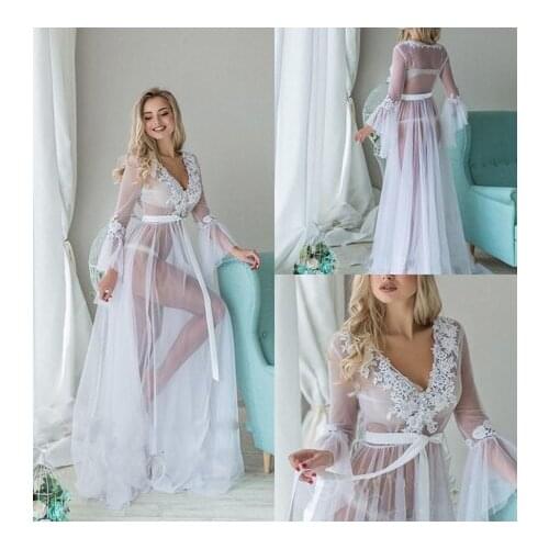 Hirigin Women Deep V-neck Sexy Lingerie Robes Long Sleeve Lace Sheer Cardigan Tie Nightgown Full-Length Long Night Gown Dress