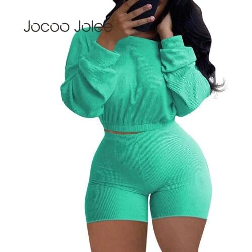 Jocco Jolee 2021Women Summer Knit Pleated Solid Long Sleeve Top And Elastic High Waist Skinny Pants Two Piece Sets Casual Sport