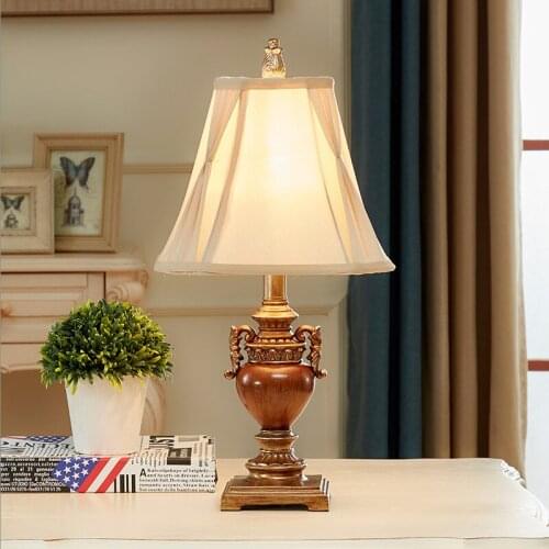 Chinese retro brown carving resin art Table Lamps American rural creative fabric E27 LED lamp for bedside&foyer&studio SJBN025