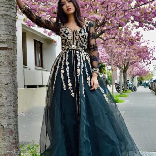 Eightae Muslim Arabic Morocco Kaftan Evening DressV-Neck Appliques Long Sleeve caftan Formal African Tulle Green Prom Party Gown