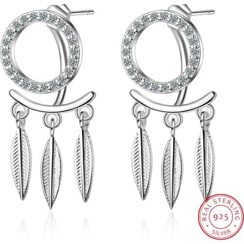 New Arrivalsfashion Hanging Feathers Dreamcatcher Earrings 925 Silver Stud Earrings For Women Fine Jewelry