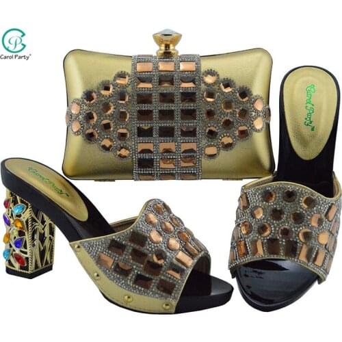 Newest Arrival Party Ladies Shoes and Bag Set Decorated With Rhinestone Wedding Women Shoes And Bag Set in Gold Color