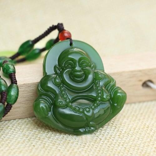 Fine Natural hand-carved black green jade buddha Lucky Amulet pendant necklace A