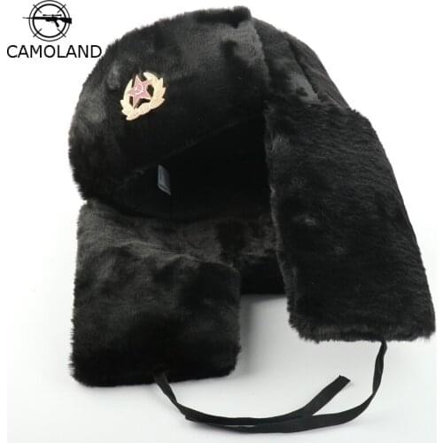 Russia Ushanka Soviet Army KGB Fur Military Bomber Hats Pilot Trapper trooper Hat Winter Faux Rabbit Fur Earflap Men Snow Caps