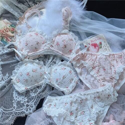 Cute Underwear Set Women Seamless Lingerie Pink Japanese Sexy Cotton Bra Panties Lace Briefs Thong Two Piece Lolita Style Girl