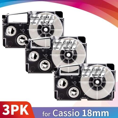 Topcolor 3PK 18mm Label Tape XR-18X Compatible Casio Label Maker Typewriter XR 18X Black on Clear Printer Ribbon for KL-P1000
