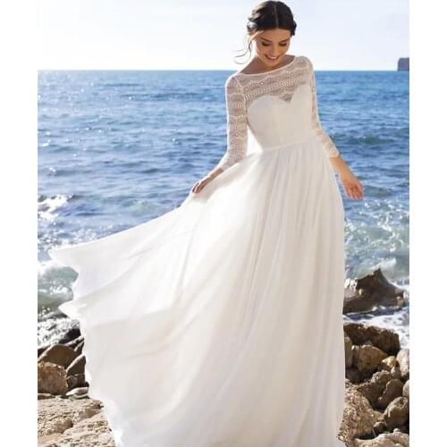 Bohemian A-Line Wedding Dress 2021 O-Neck 3/4 Sleeve Lace Embroidery Bow Backless Sweep Train Bride Gown Beach Vestidos De Noiva