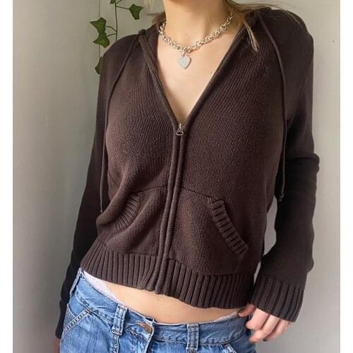 Vintage Brown Y2K Hooded Sweaters Women Autumn Winter Lantern Sleeve Zip Up Jacket Cardigan Knitted Hoodies Cropped Cardigan