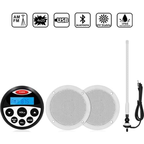 Waterproof Marine Stereo Audio Bluetooth Radio Receiver Car MP3 Player+1Pair 4" Marine Speaker+FM Antenna For ATV Pool Motorcycl